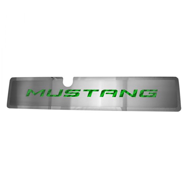American Car Craft® - Brushed Radiator Cover Vanity Plate with Green "Mustang" Lettering