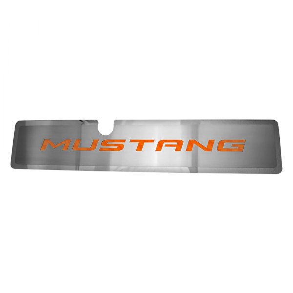 American Car Craft® - Brushed Radiator Cover Vanity Plate with Orange "Mustang" Lettering