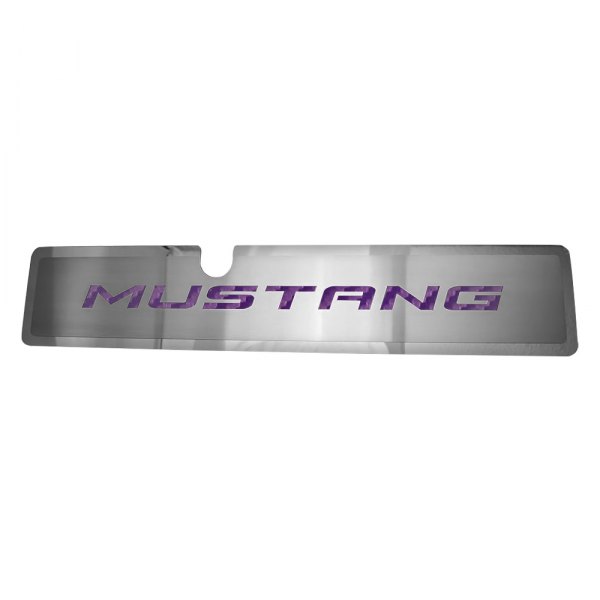 American Car Craft® - Brushed Radiator Cover Vanity Plate with Purple "Mustang" Lettering