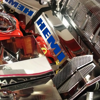 ACC® - MOPAR Licensed Series Perforated Polished Fuel Rail Covers with Dark Blue Solid HEMI Logo