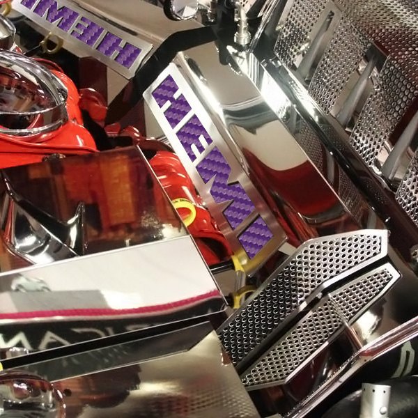 American Car Craft® - MOPAR Licensed Series Perforated Polished Fuel Rail Covers with Purple HEMI Logo
