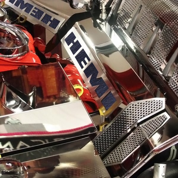 American Car Craft® - MOPAR Licensed Series Perforated Polished Fuel Rail Covers with Brushed Black HEMI Logo