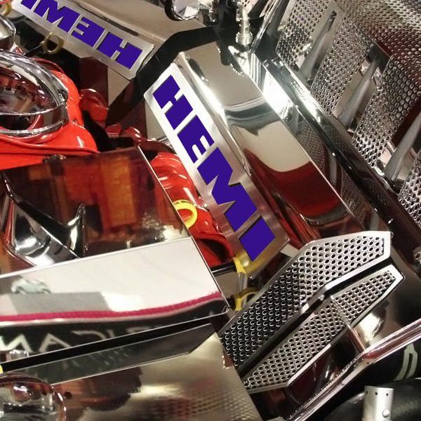 American Car Craft® - MOPAR Licensed Series Perforated Polished Fuel Rail Covers with Plum Crazy Purple HEMI Logo