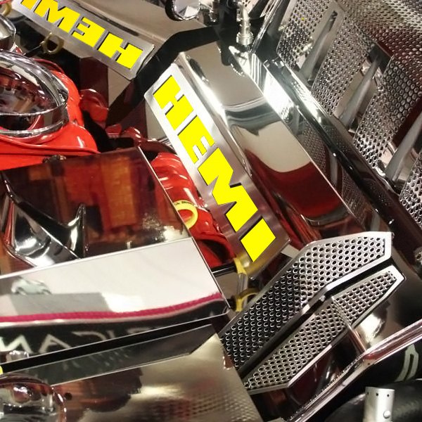 American Car Craft® - MOPAR Licensed Series Perforated Polished Fuel Rail Covers with Yellow HEMI Logo