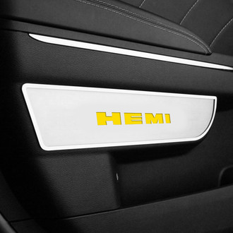 ACC® - Brushed Front Door Badge Plates with Yellow HEMI Logo