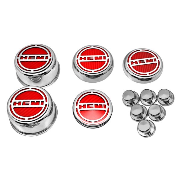 American Car Craft® - Brushed Cap Cover Set with Bright Red HEMI Logo