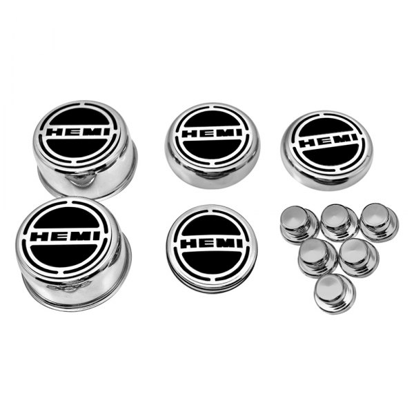 American Car Craft® - Brushed Cap Cover Set with Black HEMI Logo