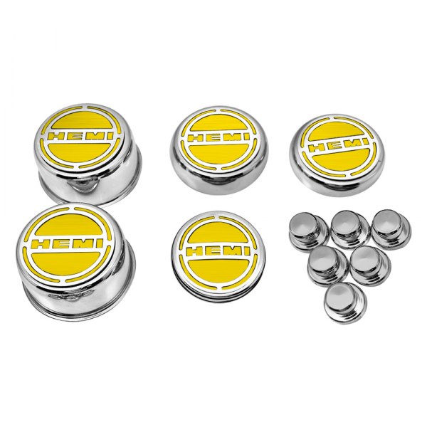 American Car Craft® - Brushed Cap Cover Set with Yellow HEMI Logo