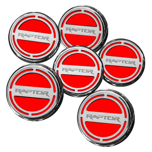 American Car Craft® - Chrome Bright Red Solid Cap Cover Set with Raptor Logo