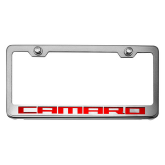 ACC® - Brushed License Plate Frame with Bright Red Solid Camaro Logo
