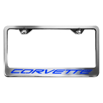 ACC® - GM Licensed Series Style 2 Polished / Brushed License Plate Frame with Blue Carbon Fiber Corvette Logo