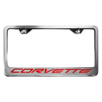 ACC® - GM Licensed Series Style 2 Polished / Brushed License Plate Frame with Bright Red Solid Corvette Logo