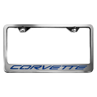 ACC® - GM Licensed Series Style 2 Polished / Brushed License Plate Frame with Dark Blue Solid Corvette Logo