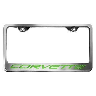 ACC® - GM Licensed Series Style 2 Polished / Brushed License Plate Frame with Green Carbon Fiber Corvette Logo