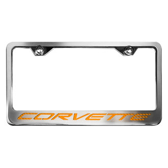 ACC® - GM Licensed Series Style 2 Polished / Brushed License Plate Frame with Orange Carbon Fiber Corvette Logo