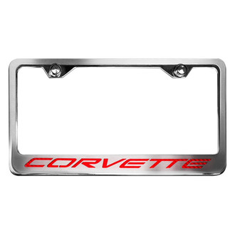 ACC® - GM Licensed Series Style 2 Polished / Brushed License Plate Frame with Red Carbon Fiber Corvette Logo