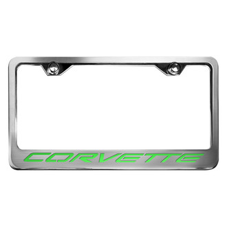ACC® - GM Licensed Series Style 2 Polished / Brushed License Plate Frame with Synergy Green Solid Corvette Logo