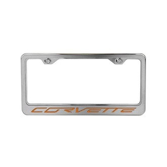 ACC® - Brushed License Plate Frame with Orange Carbon Fiber Corvette Logo
