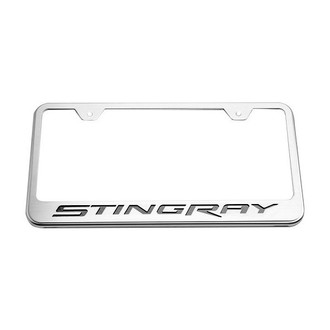 ACC® - GM Licensed Series Brushed License Plate Frame with Black Carbon Fiber Stingray Logo