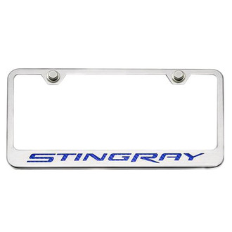 ACC® - GM Licensed Series Brushed License Plate Frame with Blue Carbon Fiber Stingray Logo