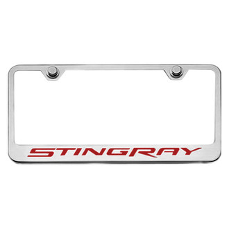 ACC® - GM Licensed Series Brushed License Plate Frame with Garnet Red Solid Stingray Logo