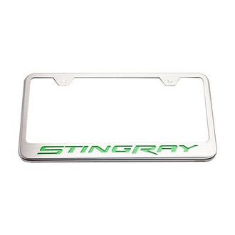 ACC® - GM Licensed Series Brushed License Plate Frame with Green Carbon Fiber Stingray Logo