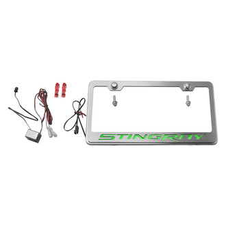 ACC® - GM Licensed Series Brushed License Plate Frame with Stingray Logo and Green Illuminated