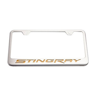 ACC® - GM Licensed Series Brushed License Plate Frame with Orange Carbon Fiber Stingray Logo