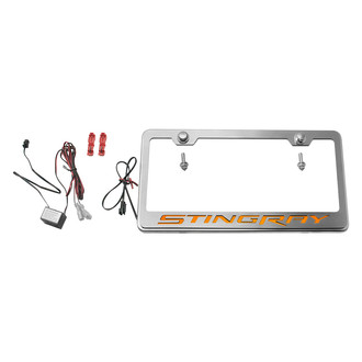 ACC® - GM Licensed Series Brushed License Plate Frame with Stingray Logo and Orange Illuminated