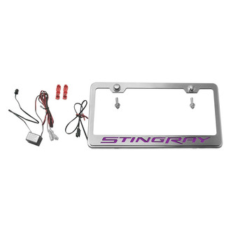 ACC® - GM Licensed Series Brushed License Plate Frame with Stingray Logo and Purple Illuminated