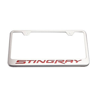 ACC® - GM Licensed Series Brushed License Plate Frame with Red Carbon Fiber Stingray Logo