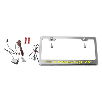 ACC® - GM Licensed Series Brushed License Plate Frame with Stingray Logo and Yellow Illuminated