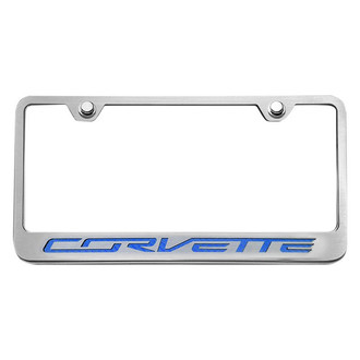 ACC® - GM Licensed Series Brushed License Plate Frame with Script Blue Carbon Fiber Corvette Logo
