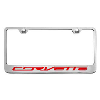 ACC® - GM Licensed Series Brushed License Plate Frame with Script Bright Red Solid Corvette Logo