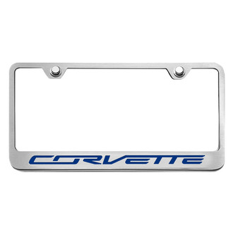 ACC® - GM Licensed Series Brushed License Plate Frame with Script Dark Blue Solid Corvette Logo