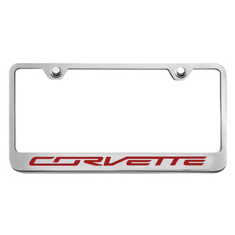 ACC® - GM Licensed Series Brushed License Plate Frame with Script Garnet Red Solid Corvette Logo
