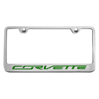 ACC® - GM Licensed Series Brushed License Plate Frame with Script Green Carbon Fiber Corvette Logo