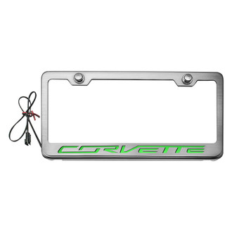 ACC® - GM Licensed Series Brushed License Plate Frame with Script Corvette Logo and Green Illuminated