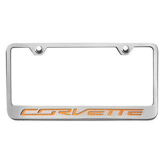 ACC® - GM Licensed Series Brushed License Plate Frame with Script Orange Carbon Fiber Corvette Logo