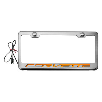 ACC® - GM Licensed Series Brushed License Plate Frame with Script Corvette Logo and Orange Illuminated