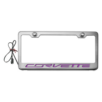 ACC® - GM Licensed Series Brushed License Plate Frame with Script Corvette Logo and Purple Illuminated