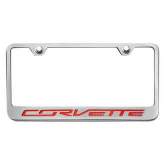 ACC® - GM Licensed Series Brushed License Plate Frame with Script Red Carbon Fiber Corvette Logo