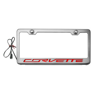 ACC® - GM Licensed Series Brushed License Plate Frame with Script Corvette Logo and Red Illuminated