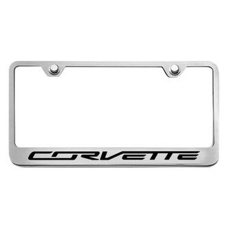 ACC® - GM Licensed Series Brushed License Plate Frame with Script Black Solid Corvette Logo