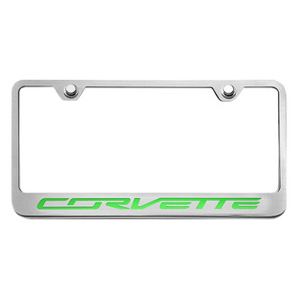 ACC® - GM Licensed Series Brushed License Plate Frame with Script Synergy Green Solid Corvette Logo