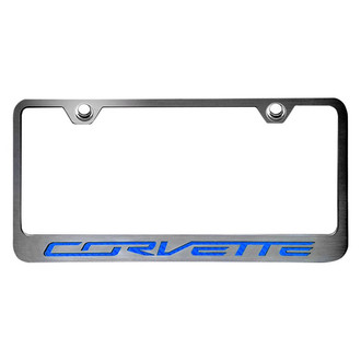 ACC® - GM Licensed Series Black / Brushed License Plate Frame with Blue Carbon Fiber Corvette Logo