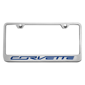 ACC® - GM Licensed Series Black / Brushed License Plate Frame with Dark Blue Solid Corvette Logo