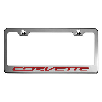 ACC® - GM Licensed Series Black / Brushed License Plate Frame with Garnet Red Solid Corvette Logo