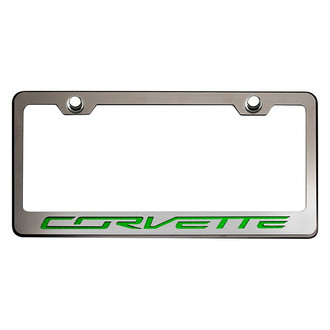 ACC® - GM Licensed Series Black / Brushed License Plate Frame with Green Carbon Fiber Corvette Logo