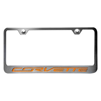 ACC® - GM Licensed Series Black / Brushed License Plate Frame with Orange Carbon Fiber Corvette Logo